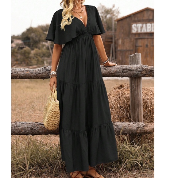 Boho V neck Butterfly Sleeve Stretchy Waist Maxi Dress - Picture 4 of 11